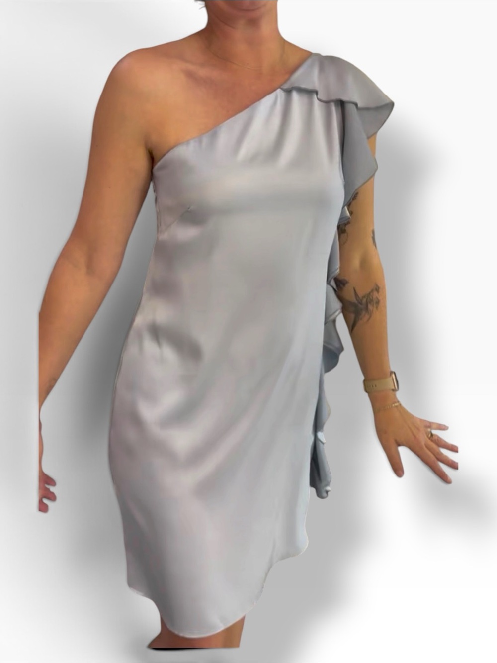 B.YU Ruffle Dress One-Shoulder cocktail asymmetrical silver gray-mini satin S